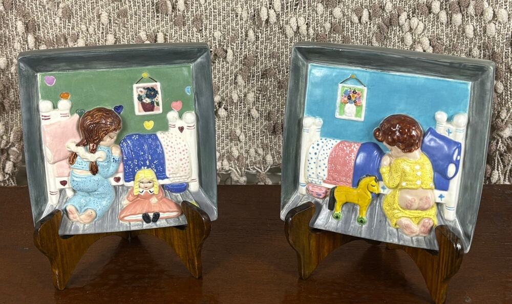 Vintage 1971 Ceramic Relief Plaque Pair Boy Girl Bedroom Nursery Wall Art Signed